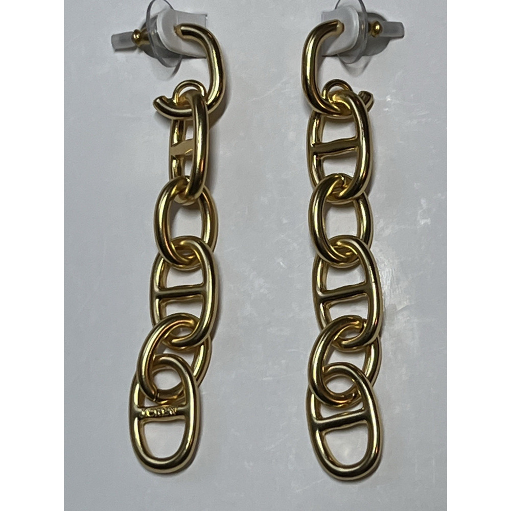 J Crew Signature Gold Link Earrings Shiny Matte Gold Tone Chain Dangle Statement - Picture 2 of 6